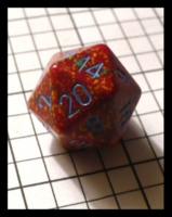 Dice : Dice - 20D - Chessex Red with Yellow and Green Speckles with Blue Numerals - Ebay June 2010